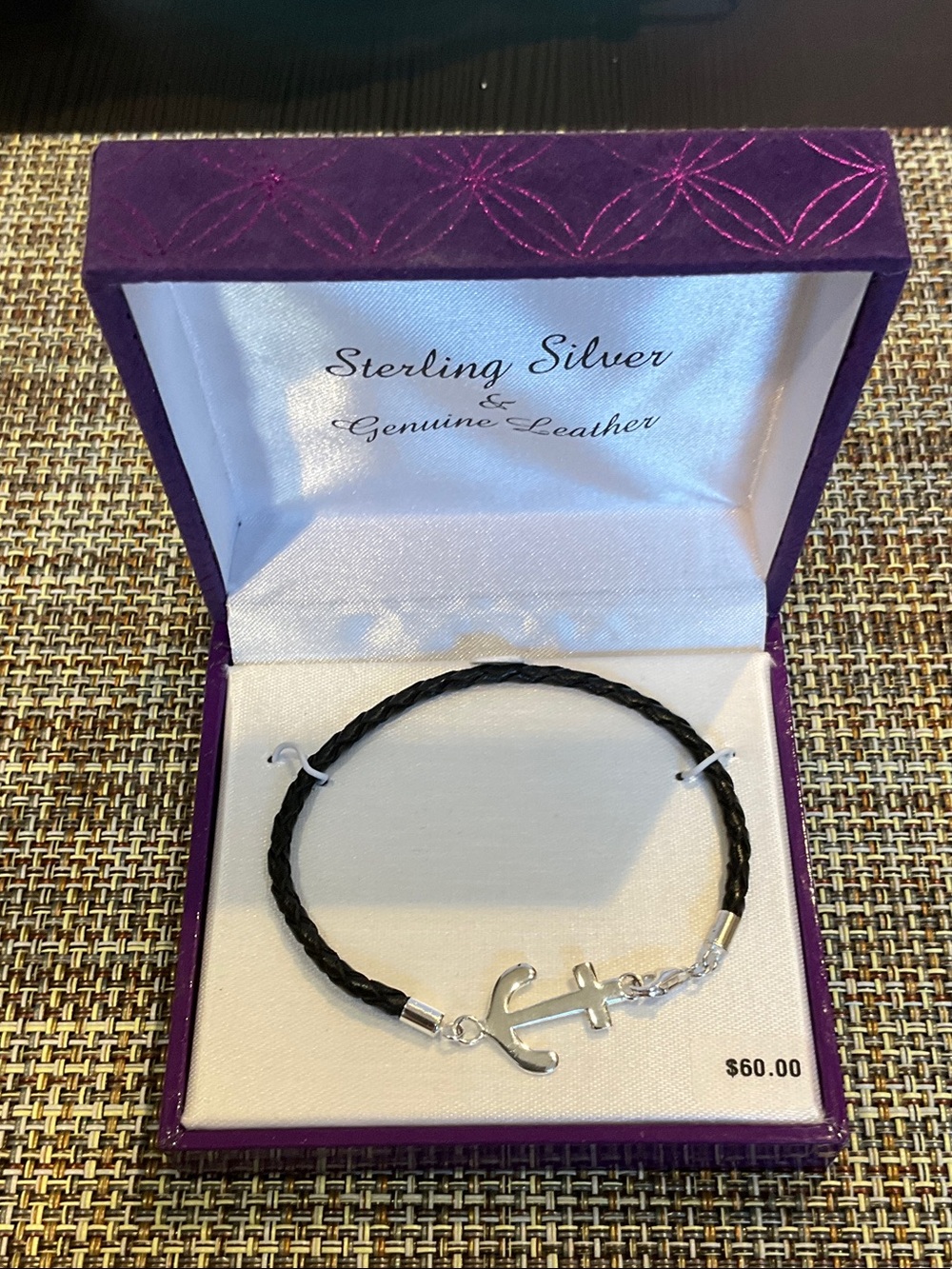 Sterling Silver Anchor Black Braided Leather Bracelet